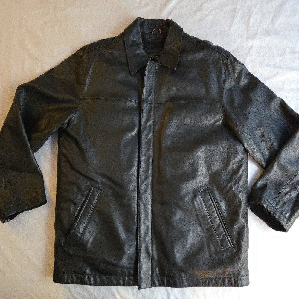 Perry Ellis Portfolio Black Insulated Leather Jacket Removeable Down Liner